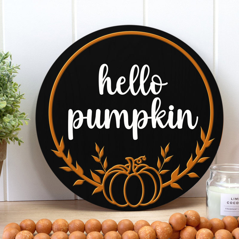 Hello Pumpkin - Laurel Wreath - Autumn Rustic Wooden Door Hanger Decor - Fall Gift