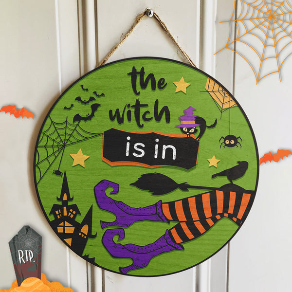 The Witch Is In - Spooky Halloween Home Decor - Halloween Wooden Door Wreath Hanger Sign