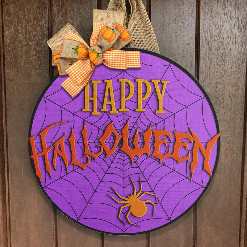 Happy Halloween - Spiderweb Door Sign - Spider Door Wreath Hanger - Halloween Decor