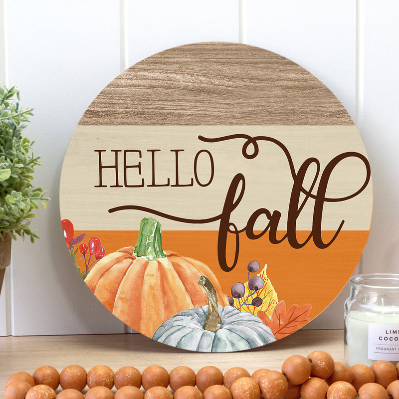 Hello Fall - Pumpkin Home Decor - Autumn Thanksgiving Gift Door Wreath Hanger Sign