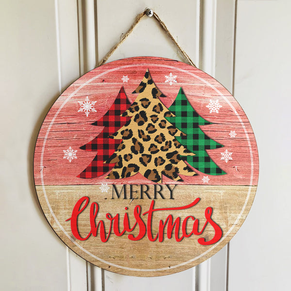 Merry Christmas - Buffalo Plaid - Leopard Xmas Tree Door Sign - Welcome Xmas Home Decor