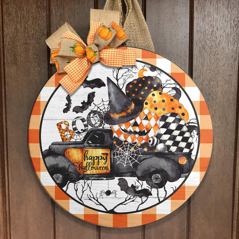 Boo - Happy Halloween - Diamond Pattern Pumpkin - Plaid Sign - Horror Halloween Door Sign Decor