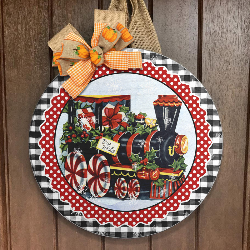 Christmas Train - Plaid Sign - Polka Dots Xmas Door Hanger - Merry Christmas Door Sign Decor