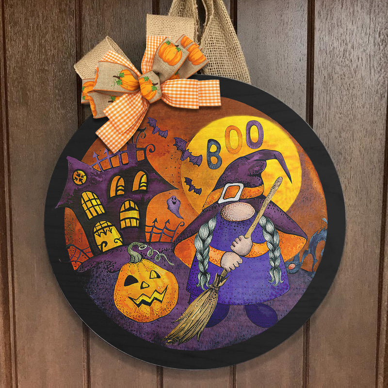 Boo - Cute Gnome - Funny Pumpkin - Spooky Halloween Door Hanger Sign Decor - Halloween Gift