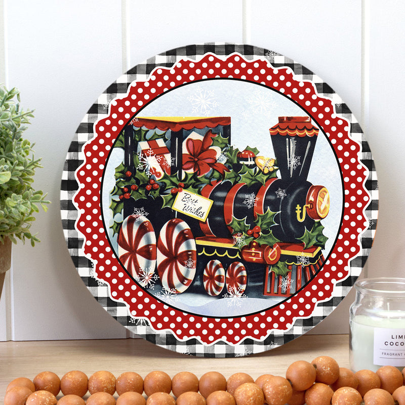 Christmas Train - Plaid Sign - Polka Dots Xmas Door Hanger - Merry Christmas Door Sign Decor