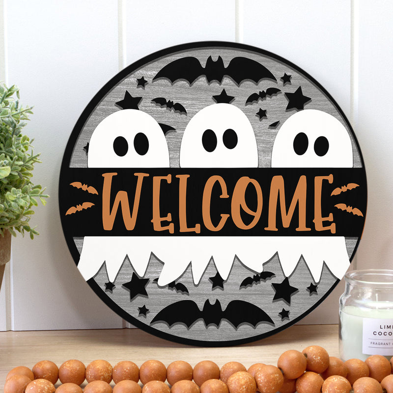 Welcome - Cute Boo - Halloween Party - Wooden Door Hanger Sign Decor - Halloween Gift