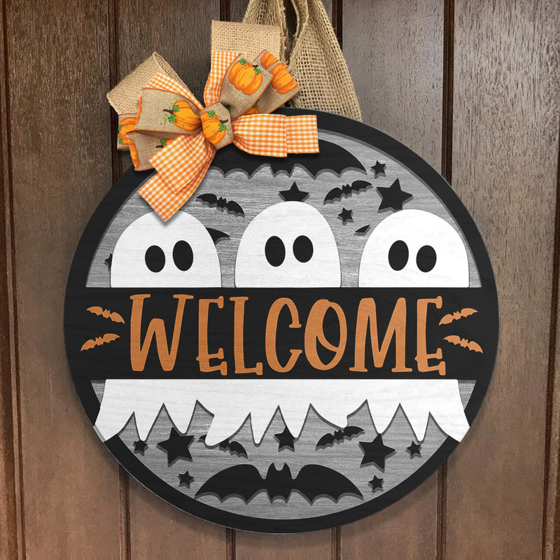 Welcome - Cute Boo - Halloween Party - Wooden Door Hanger Sign Decor - Halloween Gift