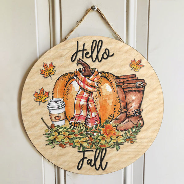 Hello Fall - Pumpkin & Boots Decor - Autumn Thanksgiving Gift Door Wreath Hanger Sign