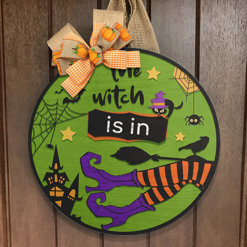 The Witch Is In - Spooky Halloween Home Decor - Halloween Wooden Door Wreath Hanger Sign