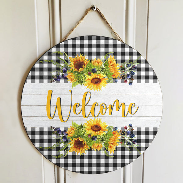 Welcome Sign - Sunflower Bouquet - Plaid Sign - Farmhouse Wooden Door Hanger Decor