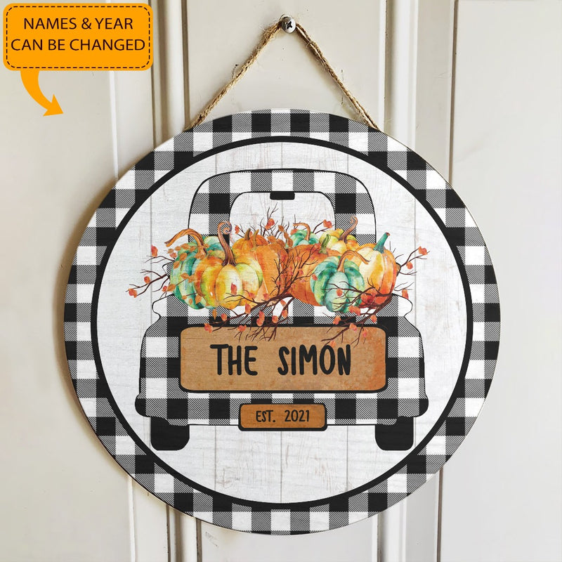 Pumpkin Wreath On Plaid Truck Decor - Personalized Custom Family Name Door Hanger Sign