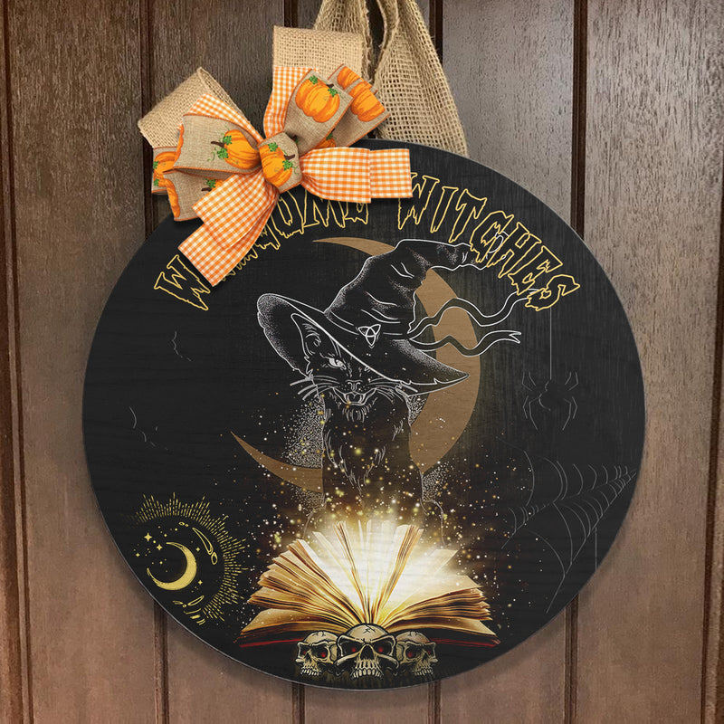 Welcome Witches - Black Cat Door Sign - Spooky Halloween Wreath - Halloween House Decor