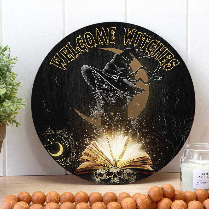 Welcome Witches - Black Cat Door Sign - Spooky Halloween Wreath - Halloween House Decor