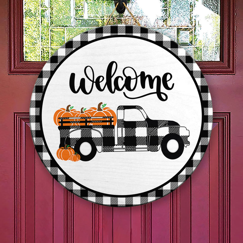 Welcome Pumpkin Buffalo Plaid Door Hanger Sign - Fall Wreath Thanksgiving Gift Farmhouse Decor