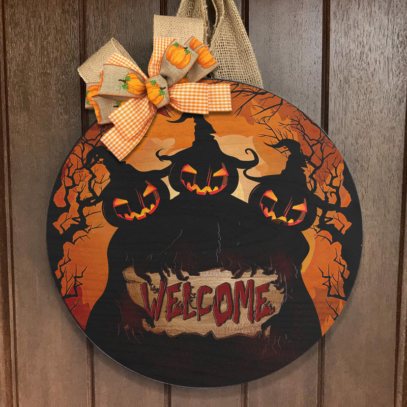 Welcome - Scary Pumpkin Door Sign - Welcome Halloween Wreath - Spooky Halloween Home Decor