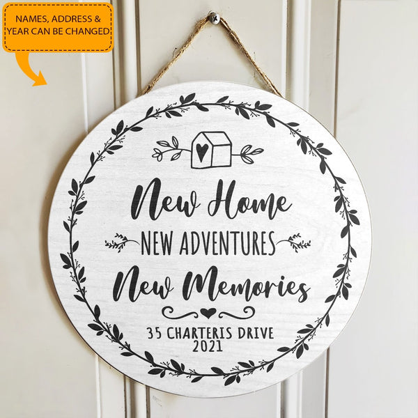 New Home Adventures Memories - Personalized Address & Year Door Wreath Hanger Welcome Sign