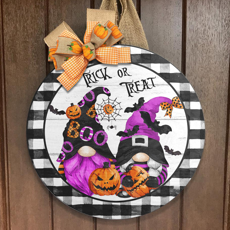 Trick Or Treat - Gnomies Sign - Plaid Decor - Door Wreath Hanger Sign - Halloween Gift