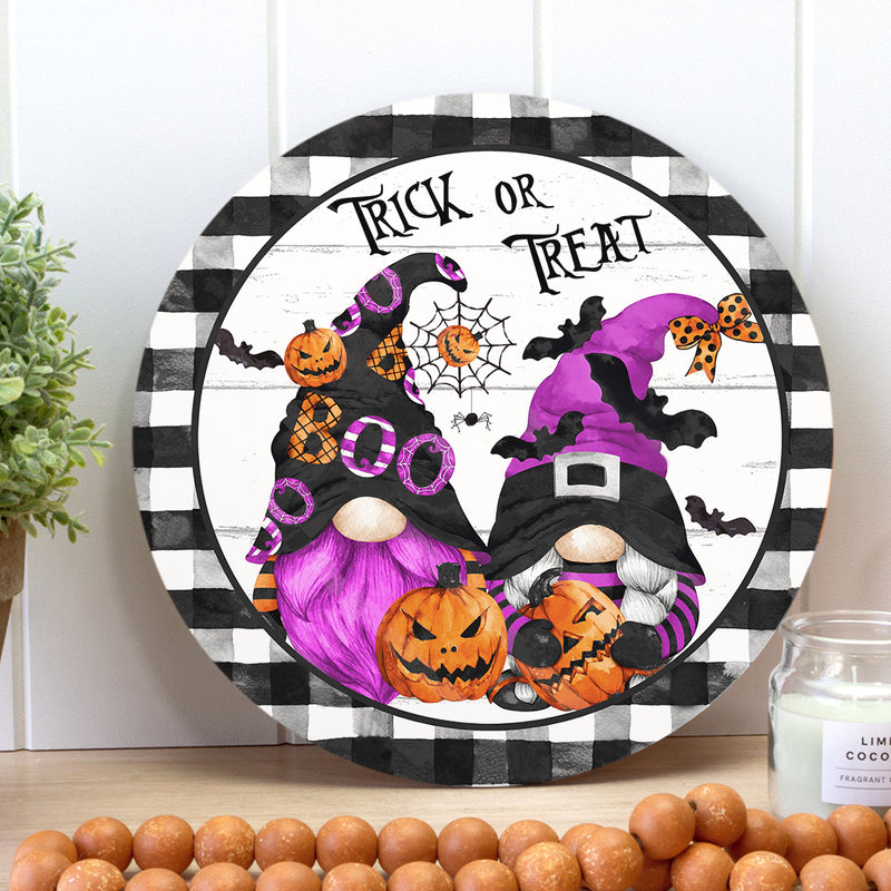 Trick Or Treat - Gnomies Sign - Plaid Decor - Door Wreath Hanger Sign - Halloween Gift