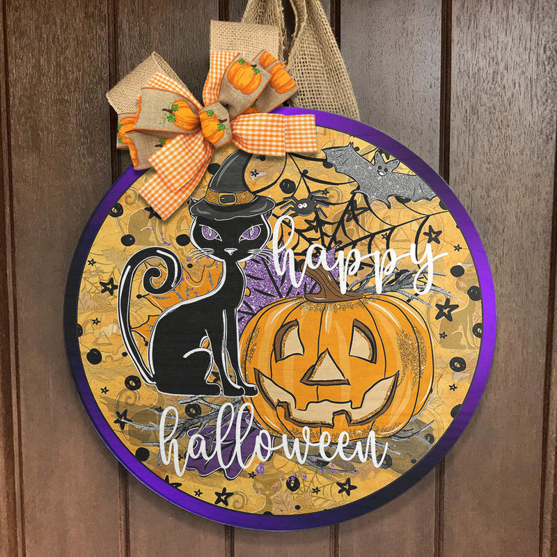Creepy Happy Halloween Decor - Black Cat & Pumpkin Decoration - Welcome Door Hanger Sign