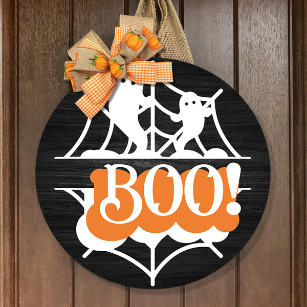 Boo - Cute Ghosts - Spiderweb Door Wreath - Rustic Door Hanger Decor - Halloween Gift