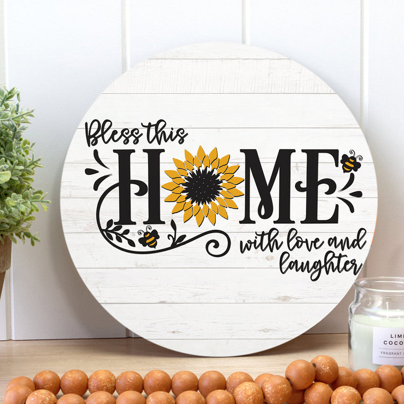 Bless This Home With Love And Laughter - Sunflower Wreath - Flower Door Hanger Sign Decor