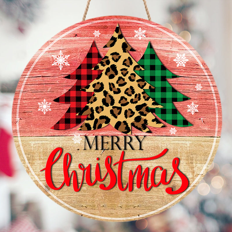 Merry Christmas - Buffalo Plaid - Leopard Xmas Tree Door Sign - Welcome Xmas Home Decor