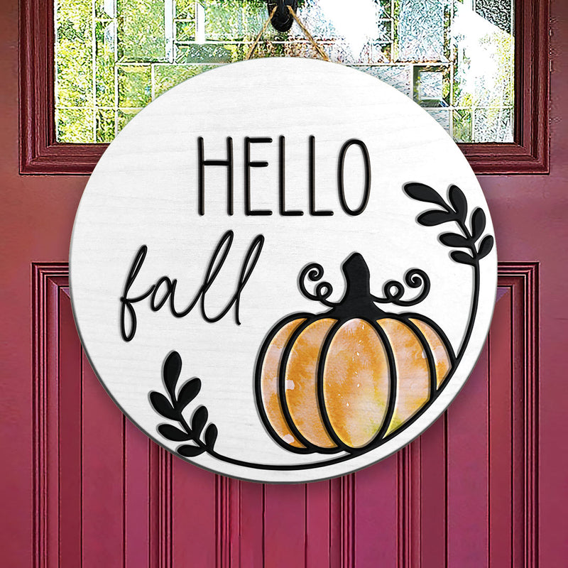 Hello Fall Pumpkin - Fall Season Front Door Sign Decor - Housewarming Wooden Door Wreath