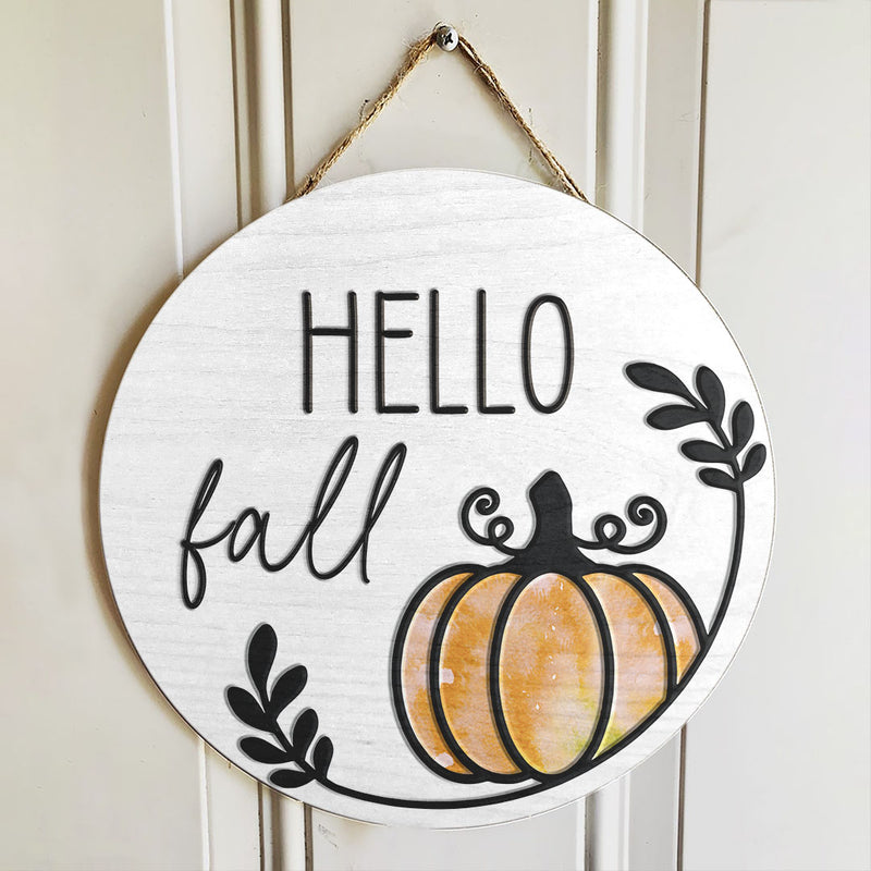 Hello Fall Pumpkin - Fall Season Front Door Sign Decor - Housewarming Wooden Door Wreath