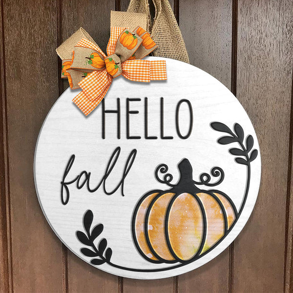 Hello Fall Pumpkin - Fall Season Front Door Sign Decor - Housewarming Wooden Door Wreath