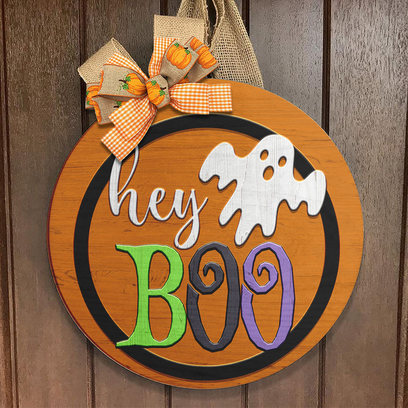 Halloween Hey Boo Door Hanger - Wooden Ghost Door Sign - Halloween 2021 Home Decor