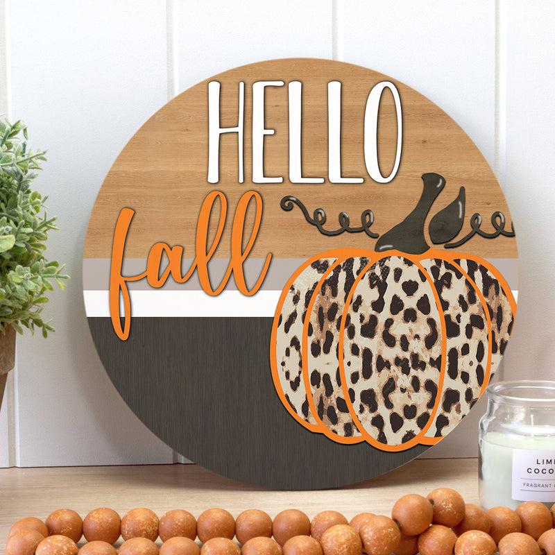 Hello Fall - Leopard Pumpkin - Welcome Fall Door Sign - Horror Halloween Door Hanger Decor