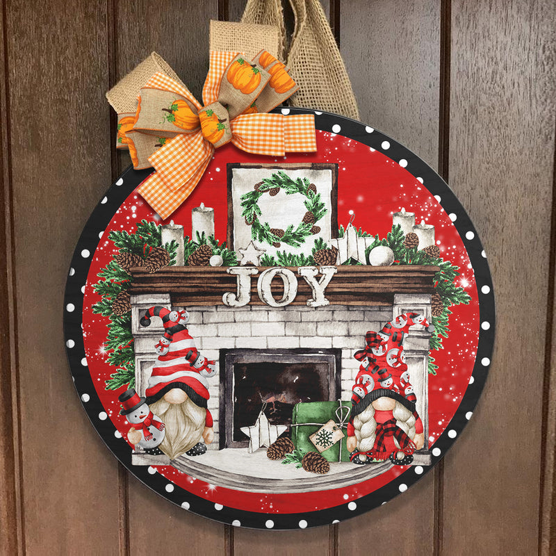 Joy - Gnomies - Fireplace - Polka Dots Door Sign - Welcome Christmas Wreath - Xmas House Decor