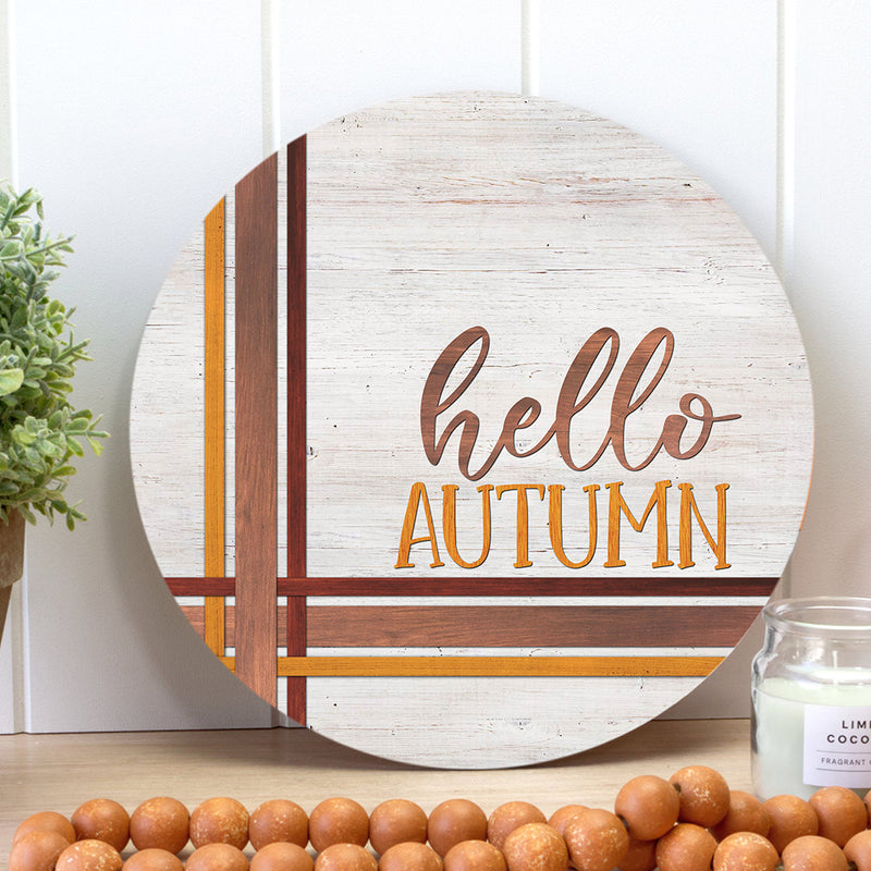 Hello Autumn - Stripes Round Sign - Welcome Fall Door Hanger - Fall Home Decor - Autumn Gift