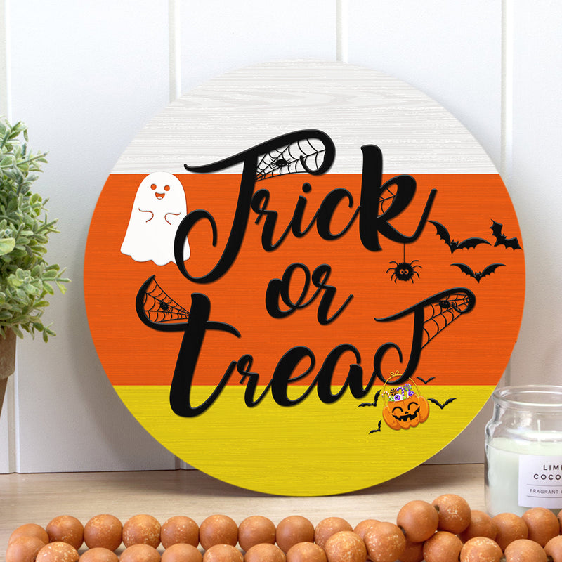 Trick Or Treat - Cute Ghost - Spiderweb Door Hanger Sign - Halloween House Decor