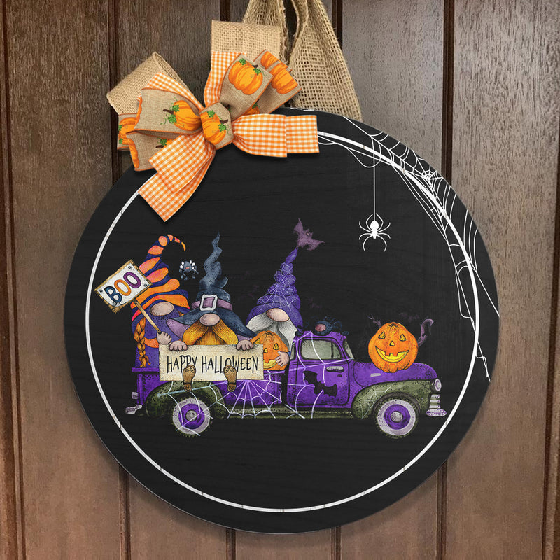 Happy Halloween Boo - Purple Gnome Truck Decoration - Welcome Door Wreath Hanger Sign