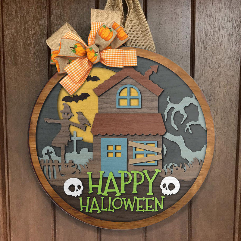 Happy Halloween - Haunted House - Skull Sign - Halloween Door Hanger Sign Decoration