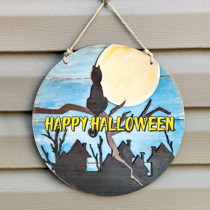 Happy Halloween - Black Cat And Moon - Creepy Halloween Door Sign - Spooky Halloween House Decor