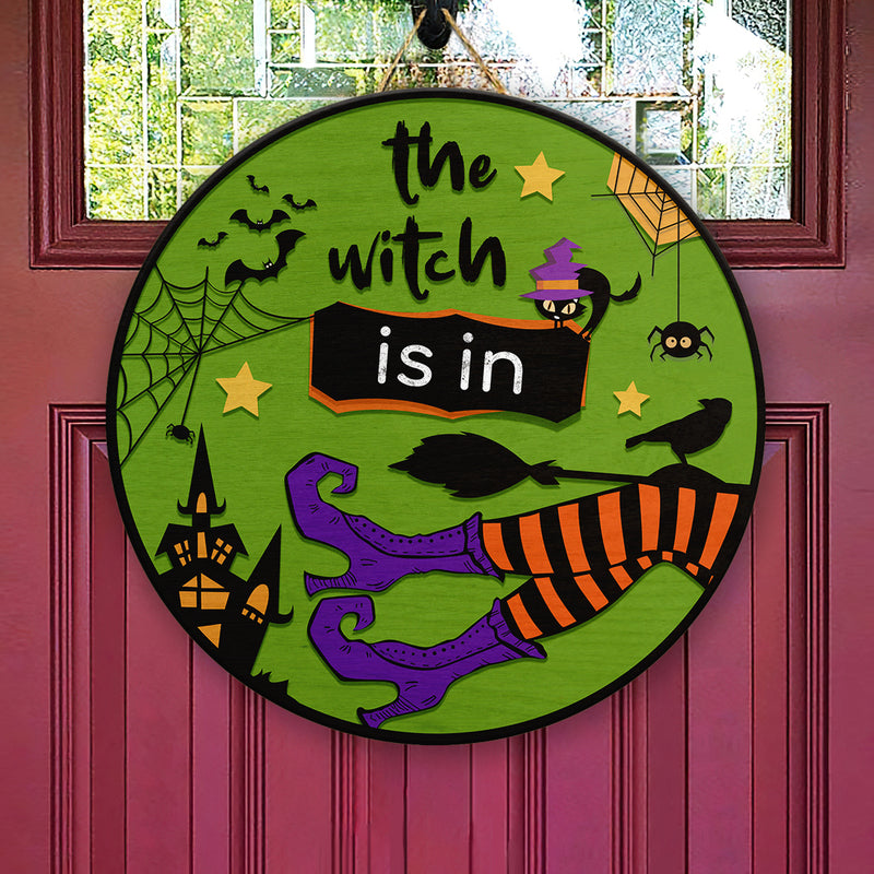 The Witch Is In - Spooky Halloween Home Decor - Halloween Wooden Door Wreath Hanger Sign