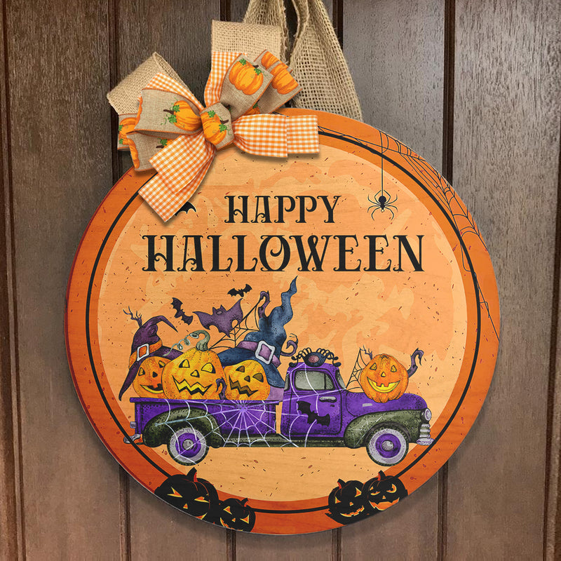 Happy Halloween - Creepy Pumpkins On Truck Decor - Wooden Welcome Door Hanger Sign