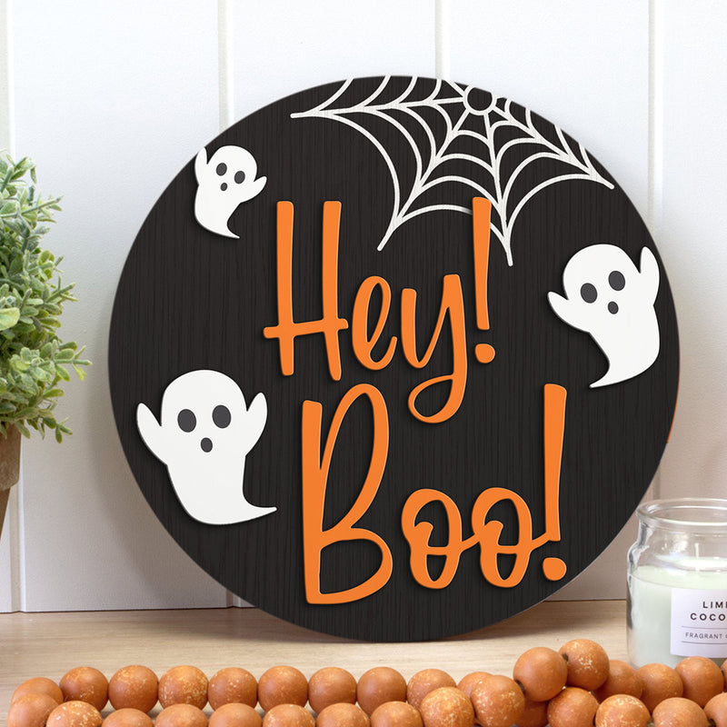 Hey Boo - Ghost & Spider's Web Decor - Door Wreath Hanger Sign - Funny Halloween Gift