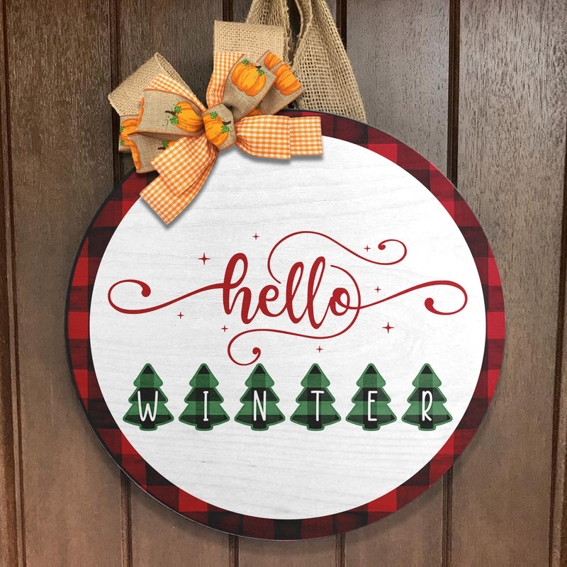 Hello Winter - Christmas Tree - Welcome Winter Door Sign - Buffalo Plaid Wreath - Xmas Home Decor