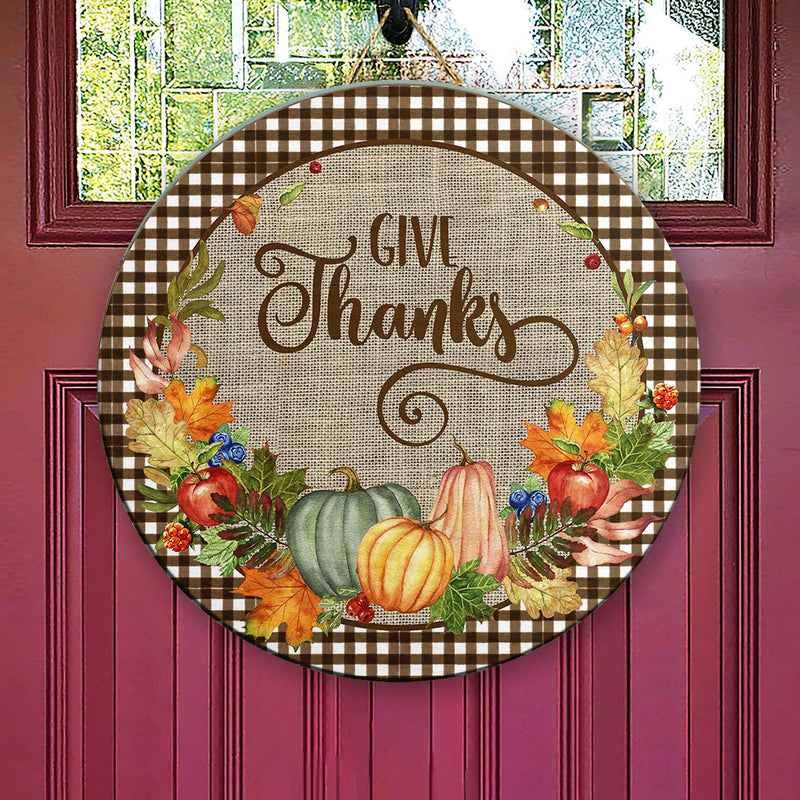 Give Thanks - Pumpkins & Fall Leaves Decor - Autumn Thanksgiving Gift Door Wreath Hanger Sign