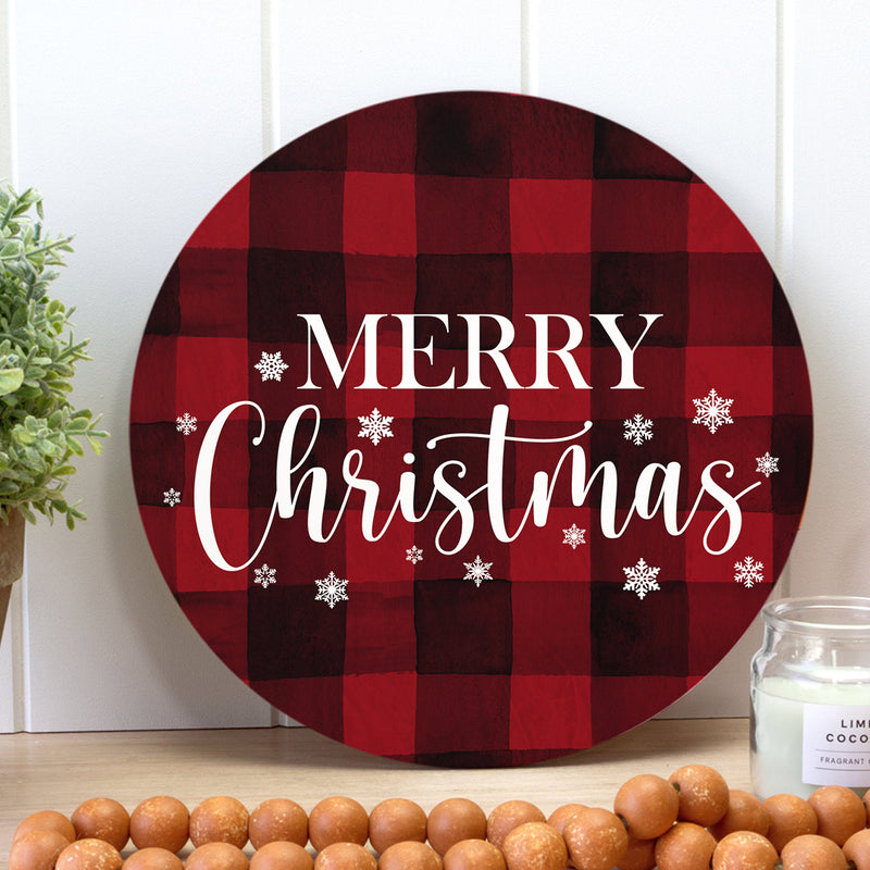 Merry Christmas - Buffalo Plaid Door Sign - Happy Christmas Door Hanger - Snowflake Xmas Home Decor