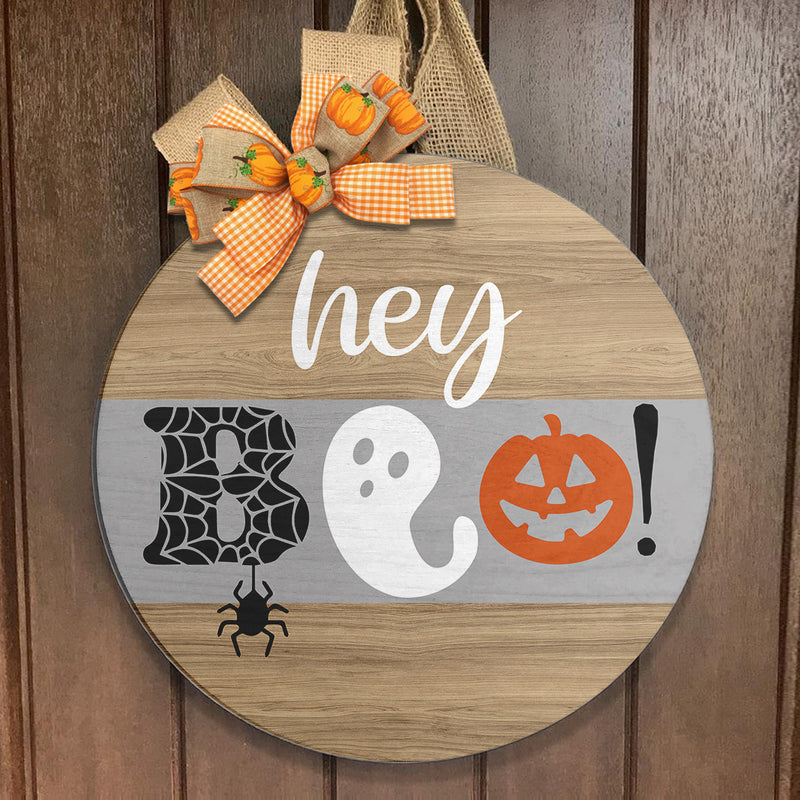 Hey Boo - Spider Ghost Pumpkin Decoration - Halloween Door Hanger Sign - Halloween Home Decor
