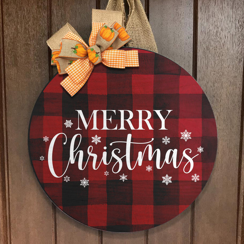 Merry Christmas - Buffalo Plaid Door Sign - Happy Christmas Door Hanger - Snowflake Xmas Home Decor