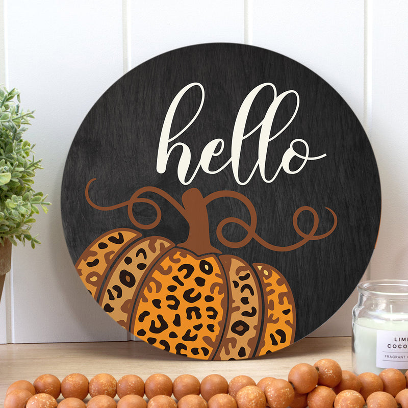 Hello Pumpkin - Cheetah Print Decor - Happy Fall Wreath - Thanksgiving Gift Door Hanger Sign