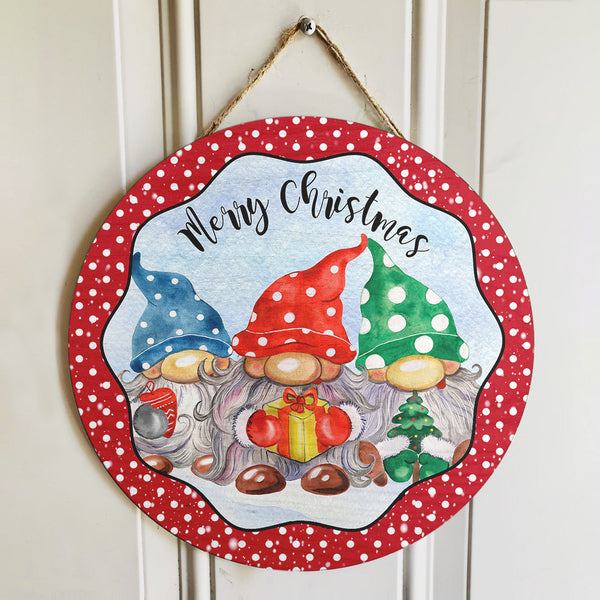 Merry Christmas - Gnomies - Polka Dots - Christmas Wooden Door Sign - Xmas House Decoration