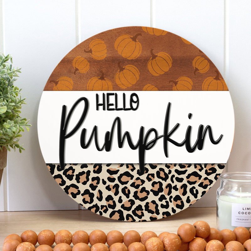 Hello Pumpkin - Leopard Door Sign - Wooden Door Wreath Hanger - Autumn House Decoration