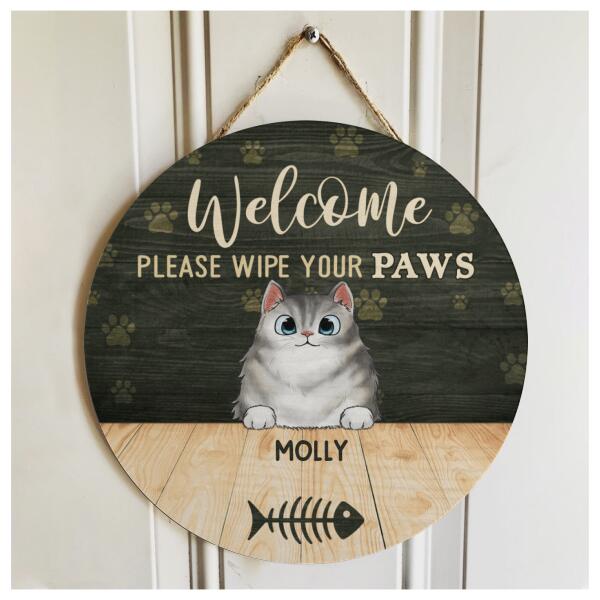 Welcome Wipe Your Paws - Personalized Cute Cat Door Hanger Sign - Cat Lovers Gift