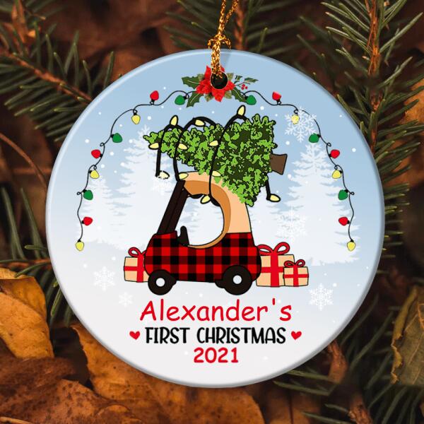 First Christmas - Cute Xmas Tree On Plaid Truck - Personalized Custom Name Ornament Gift